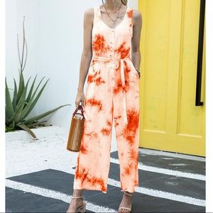 NWT Sunset Orange Tie-dye Strappy Button-Front Belted Pockets Jumpsuit